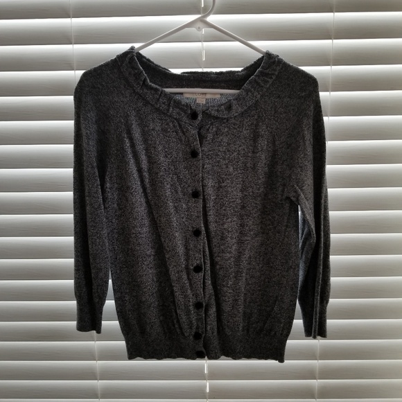 Loft Gray Cardigan Ruffled Neck - Picture 3 of 3